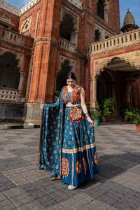 Traditional Navratri Special Navy Blue Lehenga Choli In Rayon <b>Fabric</b> with Printed Foil Work And Gamthi Work For <b>Indian</b> Womens - Product Image 4