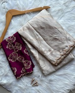 Saree en mousseline de soie satinée pour femmes avec broderie à paillettes Blouse Work Style pakistanais Wedding and Party Wear - Product Image 4