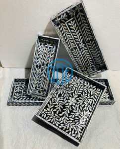 Plateau rectangulaire en nacre noire et blanche à motifs floraux, fait à la main, laqué, plateau de service de luxe, décoration d'intérieur en provenance du Vietnam - Product Image 4