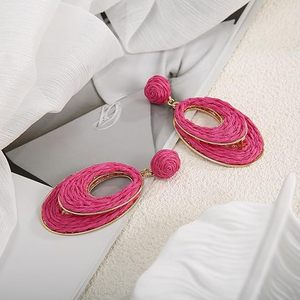 Pendientes de aro de rafia hechos a mano para mujer, joyería colgante Bohemia ligera, fiesta de moda, verano, Vacaciones en la playa, diseño de envoltura de paja de paz - Product Image 5