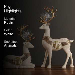 Ensemble de deux sculptures de cerf beige et cristal |   Statues de cerfs pour la décoration de maisons de luxe, élégante paire de rennes beige avec accents de cristal - Product Image 2