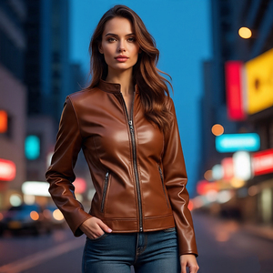 แจ็กเก็ตหนังแท้สำหรับผู้หญิง, เสื้อแจ็คเก็ตหนังแท้ถักด้วยผ้าโพลีเอสเตอร์สำหรับฤดูใบไม้ร่วงและฤดูหนาว - Product Image 1