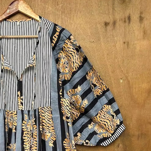 Robe d'été bohème hippie pour femmes filles en coton imprimé de blocs col profond Midi Mini longueur Loose Natural String Closure for - Product Image 4