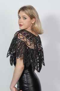 Cape Burlesque élégante avec des paillettes de brins perlés Belle silhouette droite Attache le cou Enveloppe de fête pour les occasions de club - Product Image 2