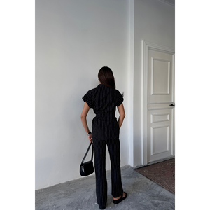 Conjunto de Blusa y Pantalones de Poliviscosa Negra a Rayas para Mujer - Product Image 1