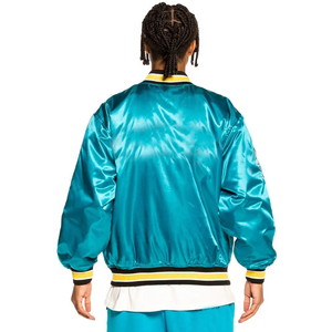 Blouson de baseball en satin de soie entièrement brillant pour hommes haute qualité avec poignets rayés et boutons pression sur le devant - Product Image 2