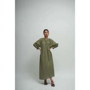 Women Solid Olive Green Cotton Floor-Length Gothic Floral Short Sleeve <b>Loose</b> Fit Casual Ethnic Maxi <b>Dress</b> for Summer - Product Image 2