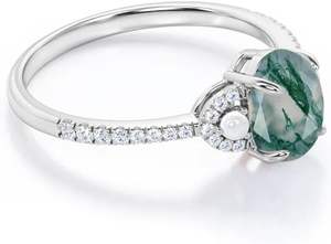 Anillo de Compromiso Clásico para Mujer, Plata de Ley 925, con Ágata Musgosa Natural, Corte Ovalado, Engaste de Garras, Fino - Product Image 3