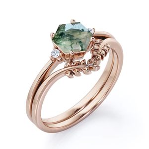 Bague de mariage personnalisable 0.55 carat hexagone mousse agate Moissanite diamant bague de mariée ensemble plaqué rhodium trois anneaux de fête de mariage pour les femmes - Product Image 1
