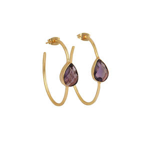 Pendientes de aro de iolita chapados en oro, conjunto de piedras preciosas de pera azul, pendientes llamativos, joyería para fiesta, pendiente de diseñador de mano, joyería de aro - Product Image 4