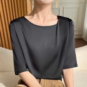 T-shirt décontracté uni à manches courtes et col en V pour femme, en coton 100 % respirant, tissu dobby, 220 g, tricoté, coupe régulière, printemps-été - Product Image 6