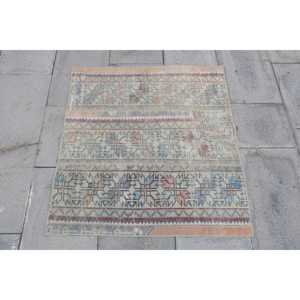 Alfombra Turca Vintage, Alfombra de 2.7x3 pies, Alfombra de Lana con Rayas Azules - Product Image 1