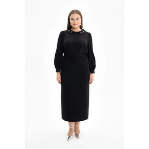 Black Woven <b>Wrap</b> Skirt with Ruffles and Floral Embroidery for Work - Product Image 1