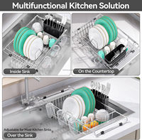 WIREKING Égouttoir à vaisselle extensible compact pour évier, 15-23 pouces, en acier inoxydable, avec porte-ustensiles