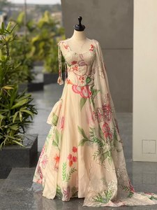 Conjunto de Sari Indio-Pakistaní con Estampado Floral Digital, Vestido Largo de Organza Jimmy Pura para Mujer, con Chal, para Fiestas, Bodas y Graduaciones - Product Image 2