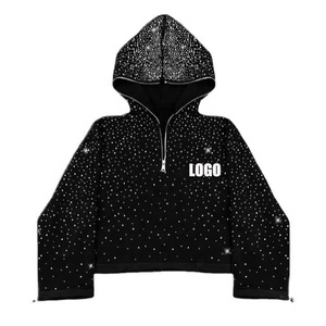 Fabricación de ropa Prensado en caliente Perforación Bling Diamond Quarter Zip Recortado Lavado ácido Rhinestone Sudadera con capucha para hombre - Product Image 1
