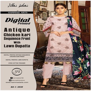 High Quality Indian & Pakistani Casual Wear 3-Piece Cotton Lawn Printed <b>Sequins</b> Shirt Dupatta & Trouser Set - Product Image 3