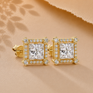 Beautiful Halo Set IGI Certified Princess Cut Lab Grown Diamond <b>Stud</b> Earring 14K Solid Gold Round Accent Earrings Bridal Jewelry - Product Image 1