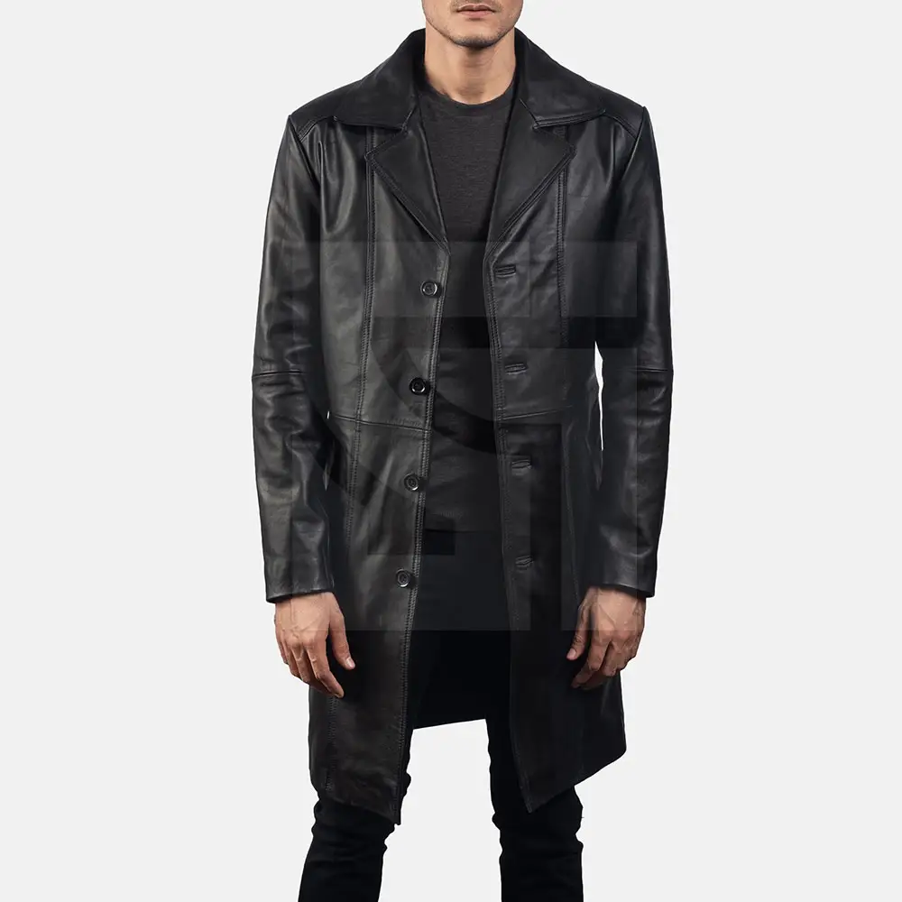 Mantel kulit panjang pria, jaket kulit panjang warna polos dengan kerah berdiri untuk penjualan Online