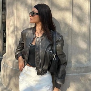 Chaqueta holgada de lona de cuero lavado para hombre, abrigo regular con cremallera degradada y cuello vuelto, estilo locomotora transpirable para mujer de invierno - Product Image 5