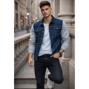 <b>Men's</b> Vintage Denim <b>Jacket</b> with Horn Button Closure Regular Fleece Sleeves Breathable Design 100% Cotton Fabric - Product Image 1