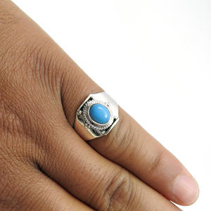 Anillos de diseñador de Plata de Ley 925 sólida de la mejor calidad, conjunto de bisel de cabujón ovalado de piedras preciosas turquesas azules naturales para OEM de mujer - Product Image 4