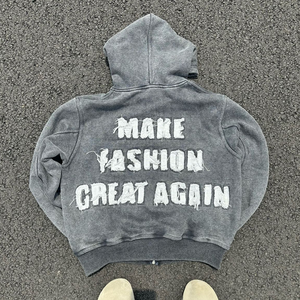 Custom Vintage Stone Washed Applique Patchwork Embroidery Hoodies Heavyweight Cotton Grey Cropped Zip up Distressed <b>Hoodie</b> - Product Image 2