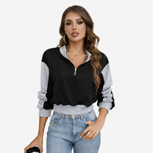 Custom Womens Half Zip Sweatshirt Black Gray Color Block Long Sleeve Casual Pullover - Product Image 1