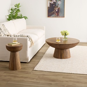 Mesa de Centro Redonda de Madera Natural con Pedestal Acanalado, Hecha de Madera de Mango 100% Sólida, Muebles para Sala de Estar - Product Image 5