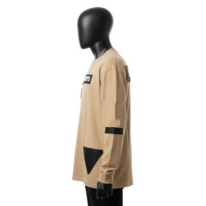 Mens premium 240 GSM cotton knit <b>long</b> sleeve <b>t</b> <b>shirt</b> beige <b>black</b> panel heat transfer logo relaxed street style <b>T</b>-<b>shirt</b> for men - Product Image 3