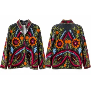 Ladies Kashmiri Aari Reversible Eco-Friendly Floral Pattern Quilted <b>Leather</b> <b>Blazer</b> <b>Jacket</b>-Lightweight Winter Outerwear - Product Image 1