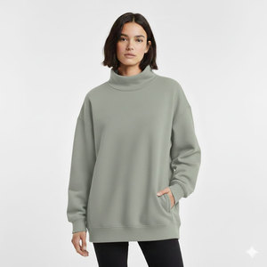 Oversized Women Mockneck Long Fleece Front Logo Relaxed Winter Casual Pullover Customizable Eco-Friendly Soft Street Style <b>Top</b> - Product Image 1