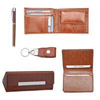 Dompet Kulit Asli Unisex Set Hadiah Pulpen Logam Fitur RFID Ramah Lingkungan Penutup Hook Loop Panjang