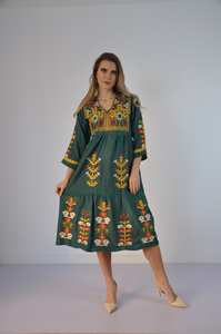 Venta al por mayor de las mujeres ecológicas de manga larga con cuello en V silueta suelta Casual Maxi vestido fajas cintura suelta Retro gitano tradicional - Product Image 3