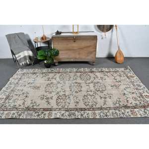 Vintage Classic Tabriz Style Turkish Rug 4ft X 8.7ft Handmade <b>Wool</b> Beige <b>Brown</b> Patchwork Pattern Latex Backing for Teen Living - Product Image 1