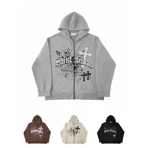 OEM Venta al por mayor Full Zip Up Hoodie Personalizado Puff Imprimir Cremallera Sudadera con capucha Oversized Unisex Winter Streetwear Hoodie para hombres y mujeres - Product Image 5