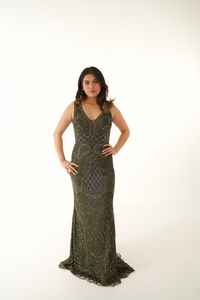 Robe de soirée élégante pour femme pleine longueur avec perles brodées en poly-maille respirante et antistatique pour cocktail - Product Image 4