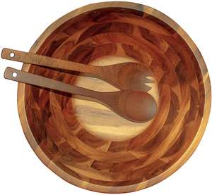 Eco-Friendly 12.5 Inch Polished <b>Wood</b> Modern Bowl <b>Set</b> Big Serving Bowl with Spoon and Fork for Family Dining for Home Kitchen Use - Product Image 1