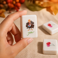 Set Mahjong Amerika 160 Pcs Tema Thanksgiving Ubin Motif Kalkun, Acorn, Cabai, Mutiara Putih dengan Rak