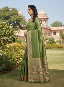Luxury Indian Ethnic Wear: <b>Green</b> <b>Silk</b> Saree with Antique Gold Zari Work - Product Image 2