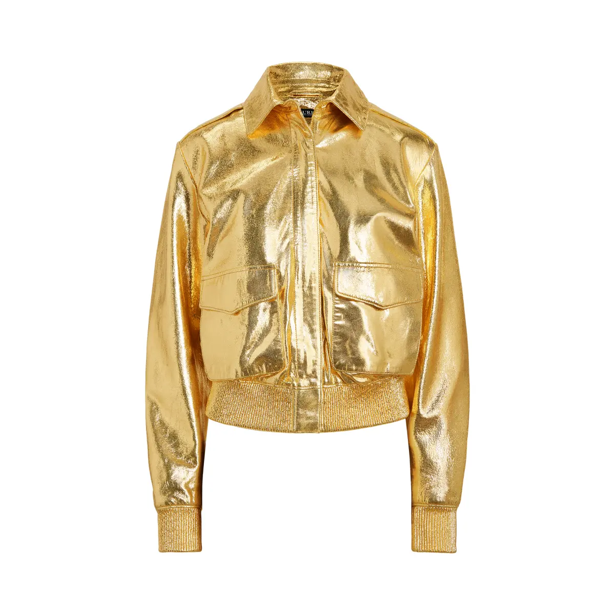 Gold Metallic Real Leather Zip Up Bomber Jacket for women