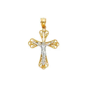 14k Amarelo e Prata Banhado A Ouro Dois Tons Filigrana Cruz Pingente Elegante Moda Jóias Clássico Crucifixo Charme