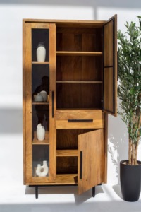 Armoire de présentation de salon en bois de manguier massif moderne de qualité supérieure, grande capacité, accent en verre, 2 grandes portes, 1 tiroir - Product Image 2