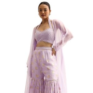 Haut court en soie violette avec veste et Sharara Modern Indo Western Festive and Wedding Reception Wear for Elegant Women - Product Image 4