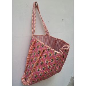Summer Autumn Spring Travel Shopping Quilted Tote <b>Bag</b> for Pink Hand Block Printed with Elegant Ruffled <b>Sides</b> Stylish Zipper - Product Image 4
