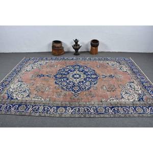 Alfombra de lana azul y rosa tradicional hecha a mano, alfombra rectangular de rompecabezas de retazos turcos de 6,9x10,1 pies para sala de estar, respaldo de látex - Product Image 3
