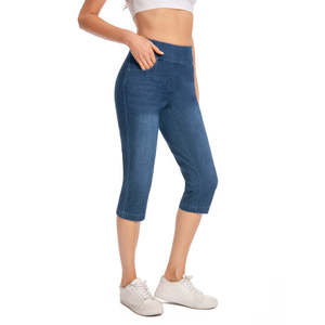 Pantalon Capri en jean extensible pour femme, coupe ajustée, avec poches à rivets, respirant, style crayon, taille simple avec logo tendance - Product Image 1