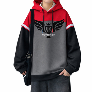 High Quality Color Block Hoodie Red Grey Black Victory <b>Kit</b> Logo Pullover Hoodie Custom Unisex Cotton Fleece Streetwear Hoodie - Product Image 1