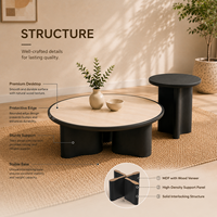 Ensemble de tables basses rondes modernes et écologiques avec base en bois sculpté noir pour salon