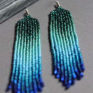 Modern <b>Turquoise</b> Glass <b>Bead</b> Earrings with Cascading Fringe Design Unique Jewelry Gift From MS Handicraft - Product Image 1